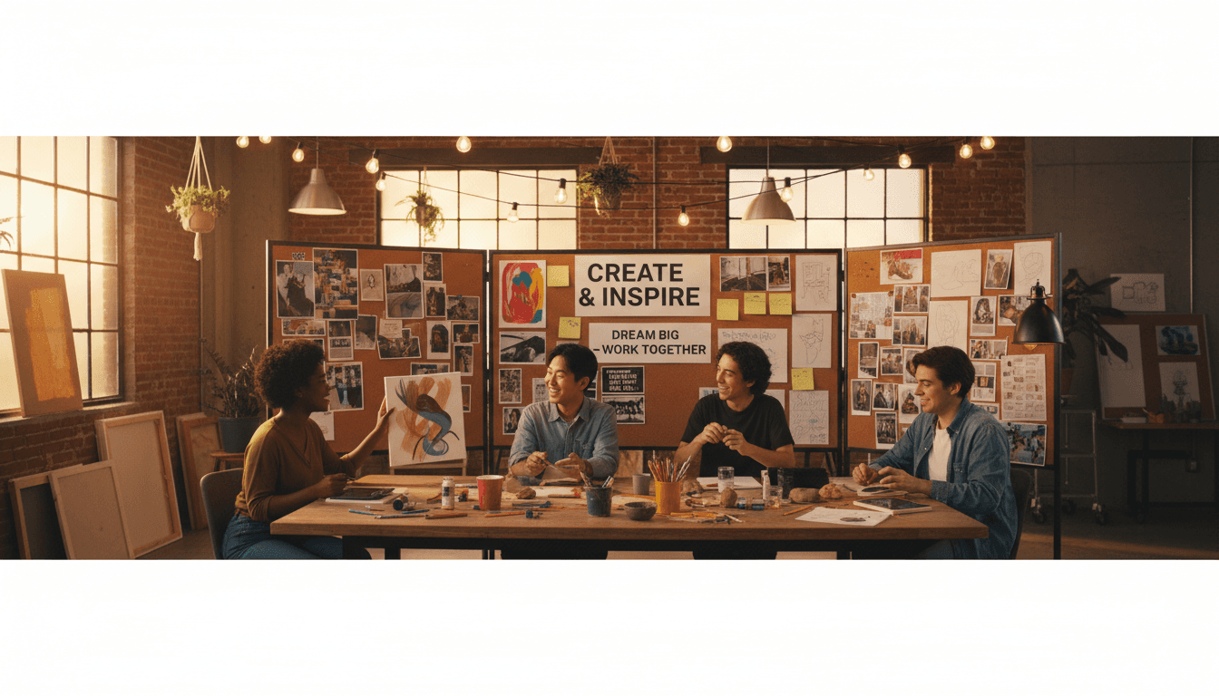 Young diverse emerging artists collaborating in creative workshop space with warm lighting and inspiration boards