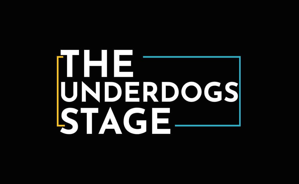 Stacked white text 'THE UNDERDOGS STAGE' on black background with yellow and blue lines.